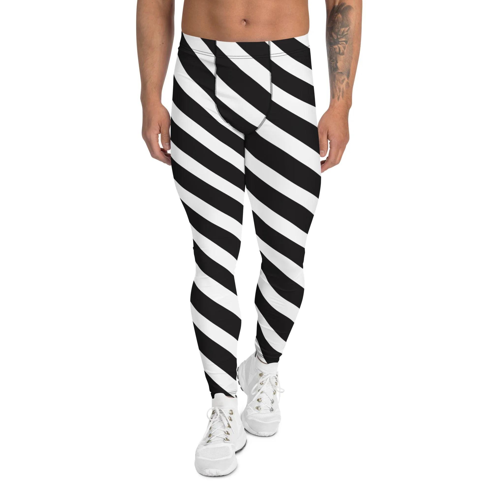 Black White Diagonal Stripes Meggings, White Striped Premium Style Men's Leggings For Men - Made in USA/EU/MX