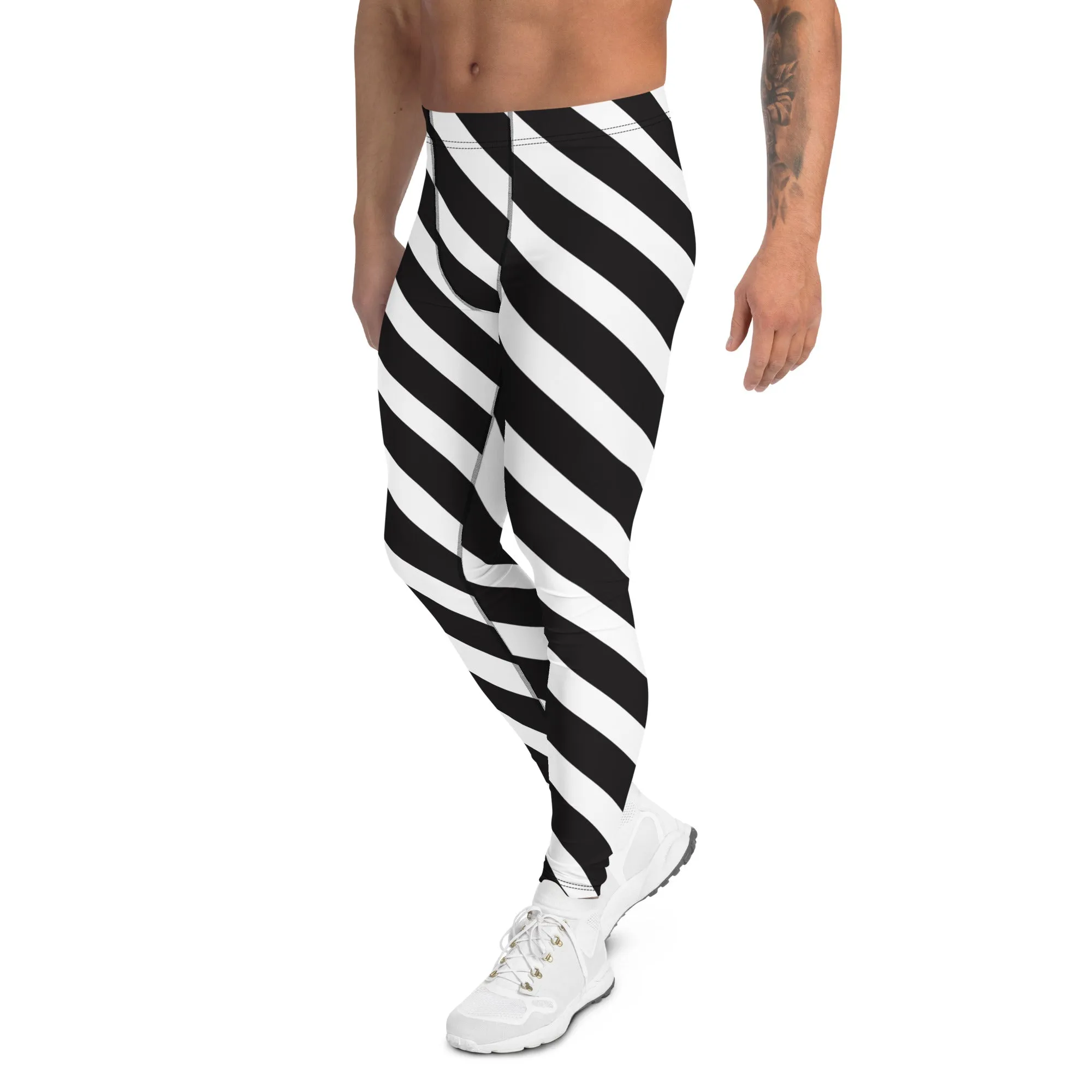 Black White Diagonal Stripes Meggings, White Striped Premium Style Men's Leggings For Men - Made in USA/EU/MX