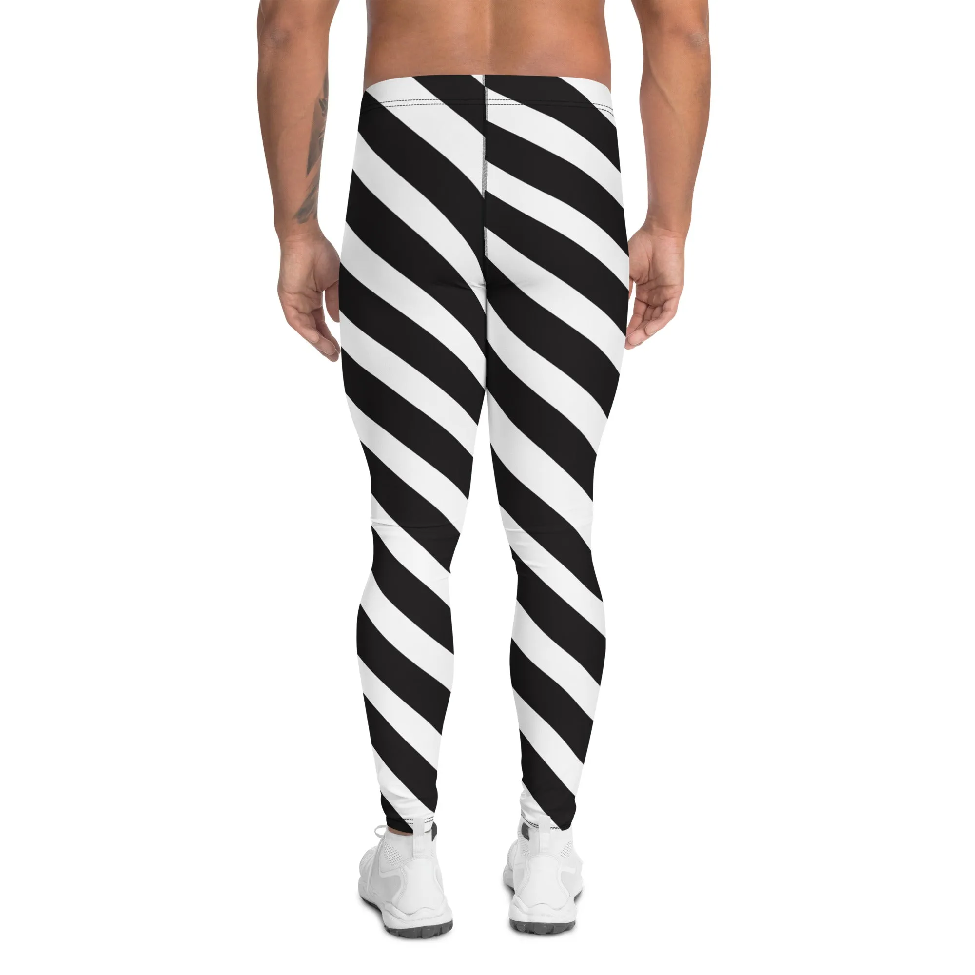 Black White Diagonal Stripes Meggings, White Striped Premium Style Men's Leggings For Men - Made in USA/EU/MX