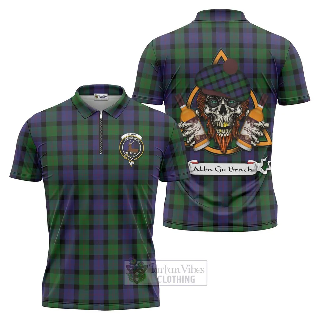 Blair Tartan Zipper Polo Shirt with Family Crest and Bearded Skull Holding Bottles of Whiskey