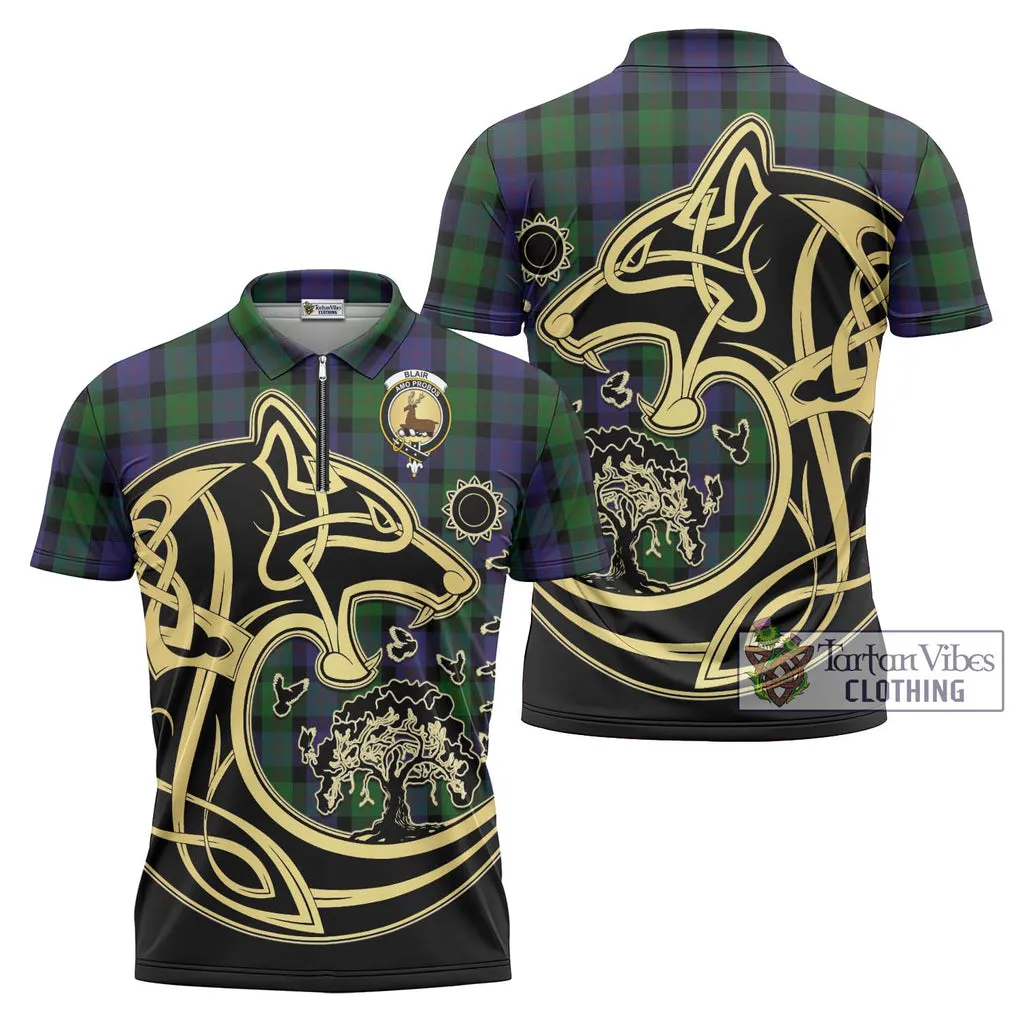 Blair Tartan Zipper Polo Shirt with Family Crest Celtic Wolf Style