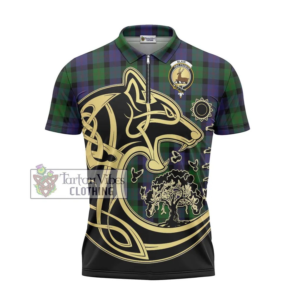 Blair Tartan Zipper Polo Shirt with Family Crest Celtic Wolf Style