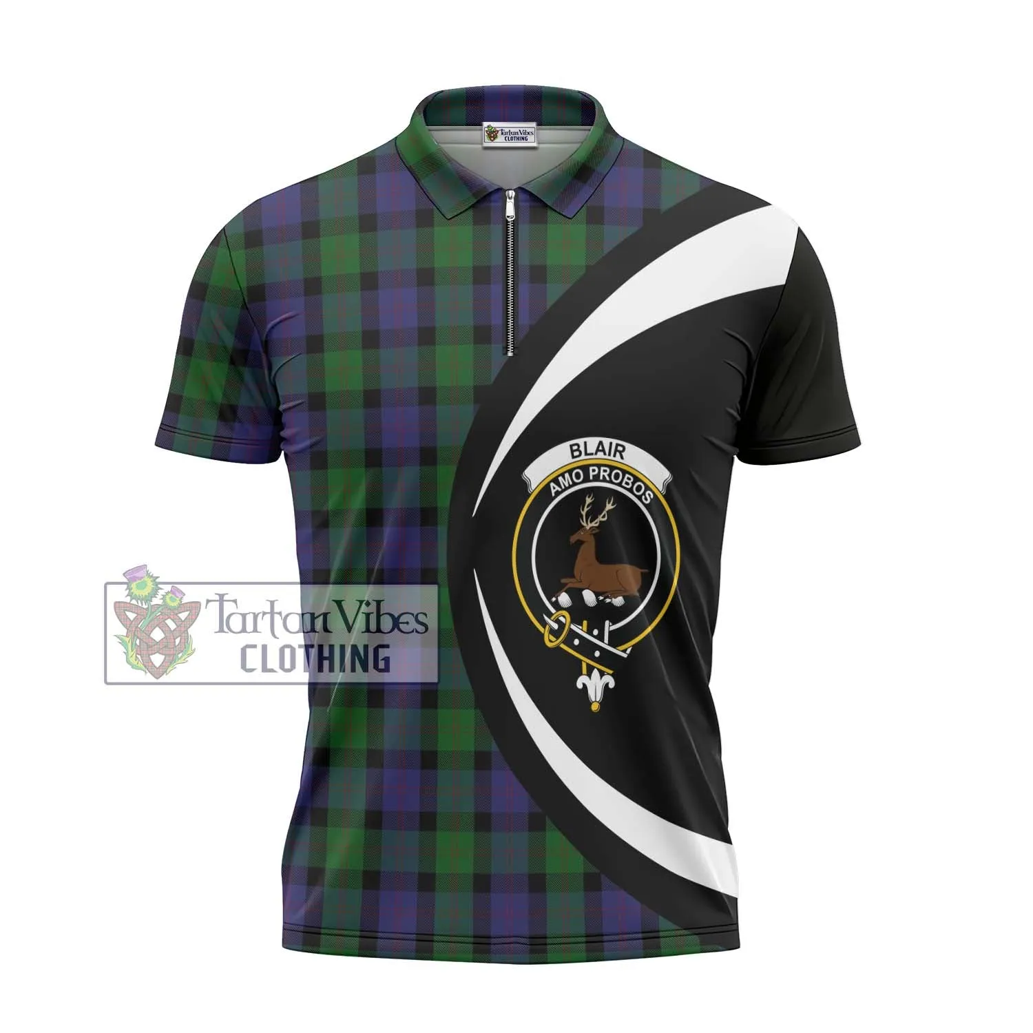 Blair Tartan Zipper Polo Shirt with Family Crest Circle Style