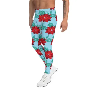 Blue Christmas Floral Men's Leggings, Light Blue & Red Xmas Flower Designer Men's Leggings-Made in USA/MX/EU