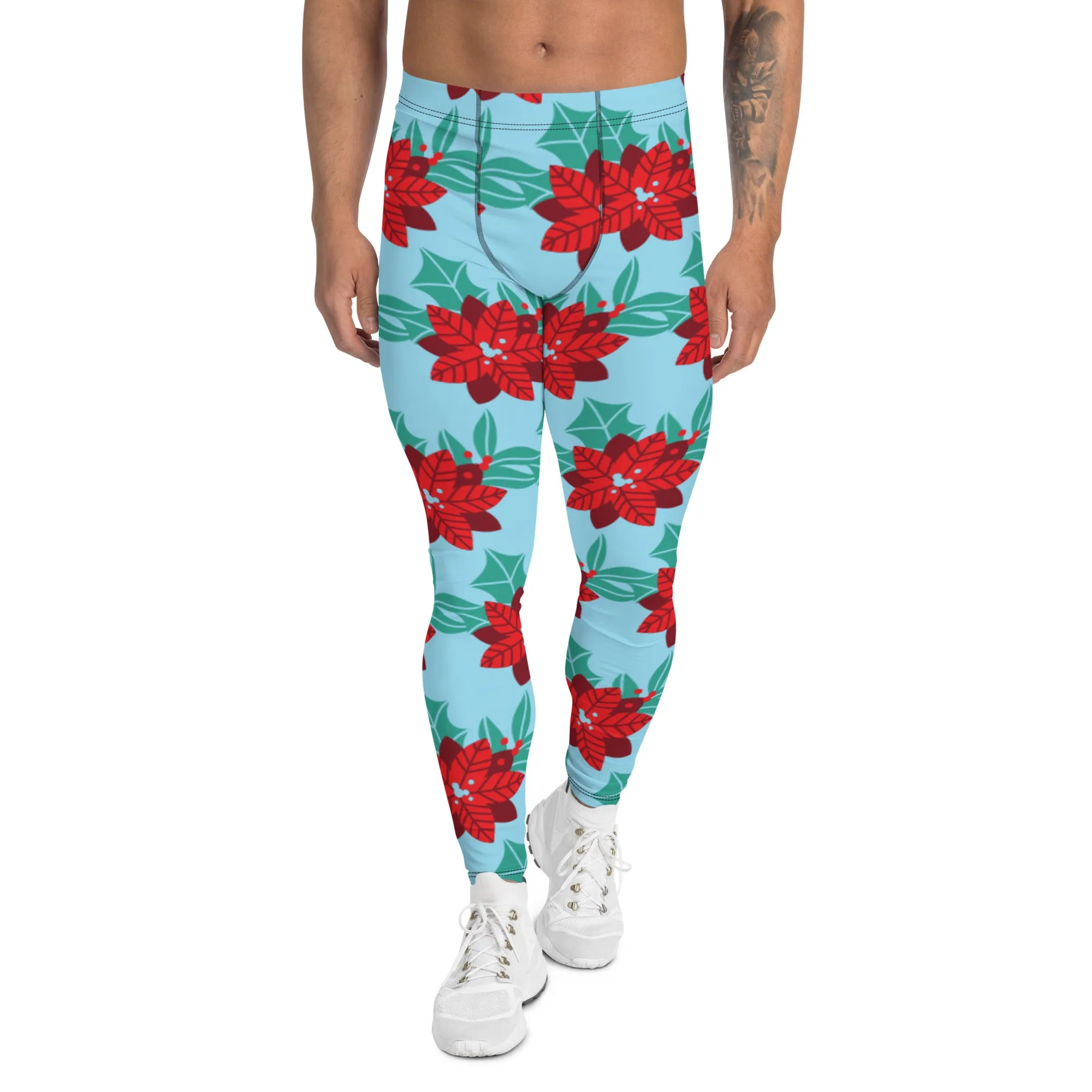 Blue Christmas Floral Men's Leggings, Light Blue & Red Xmas Flower Designer Men's Leggings-Made in USA/MX/EU