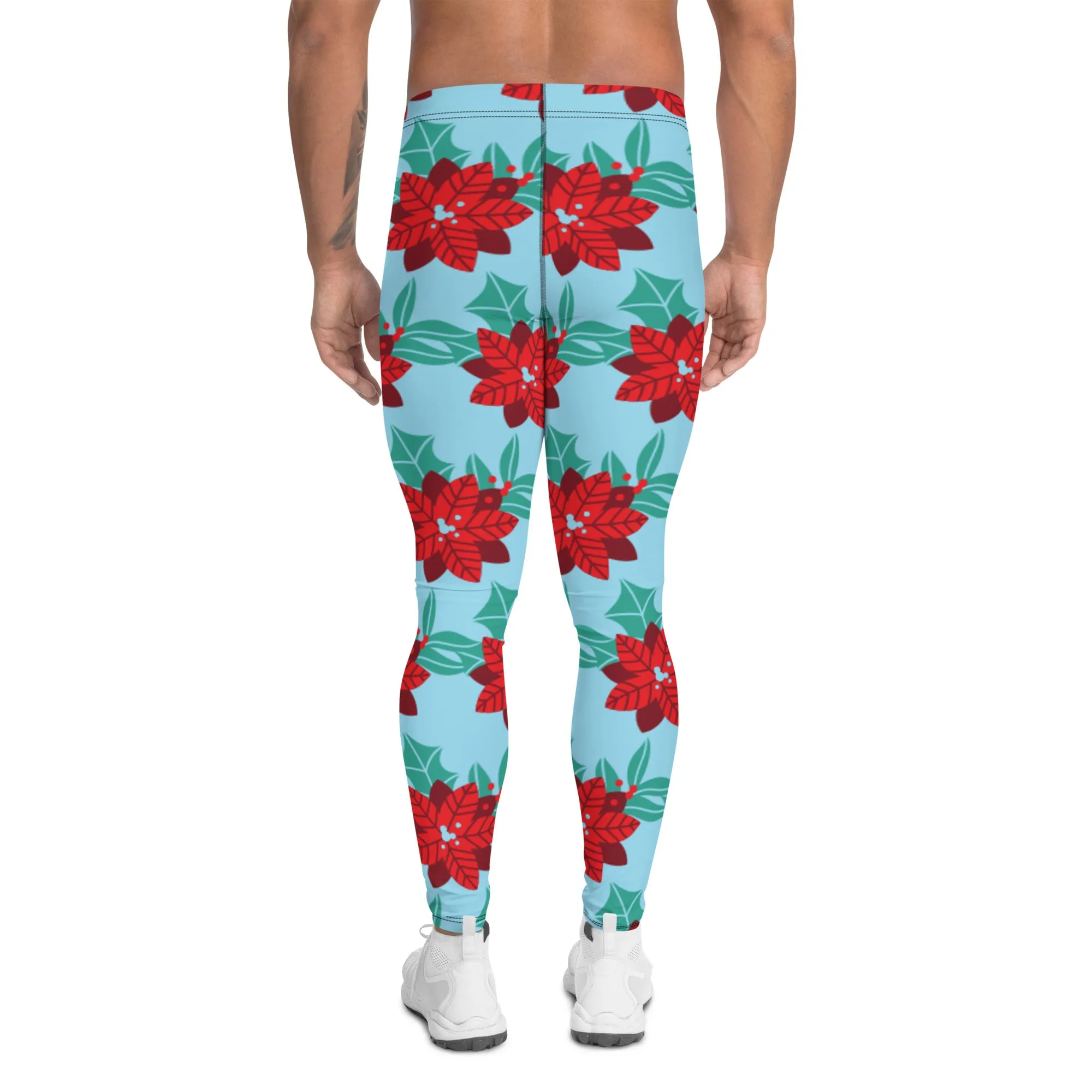 Blue Christmas Floral Men's Leggings, Light Blue & Red Xmas Flower Designer Men's Leggings-Made in USA/MX/EU