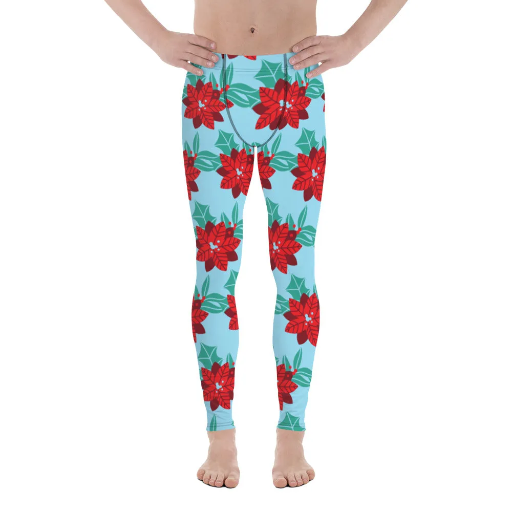 Blue Christmas Floral Men's Leggings, Light Blue & Red Xmas Flower Designer Men's Leggings-Made in USA/MX/EU