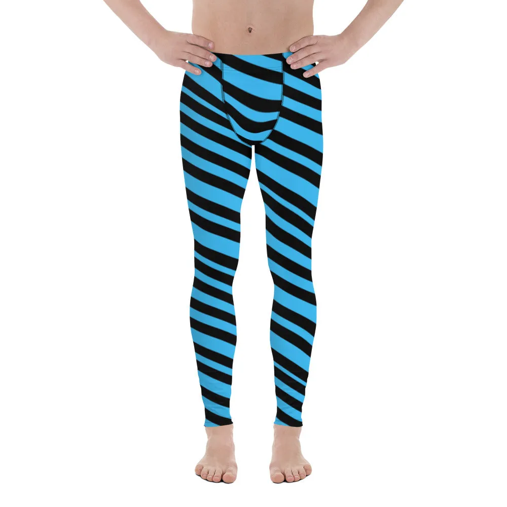 Blue Diagonal Striped Men's Leggings, Diagonally Stripes Modern Premium Running Party Tights For Men