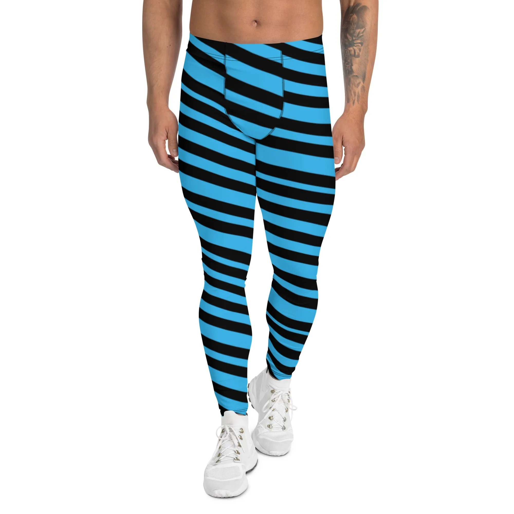 Blue Diagonal Striped Men's Leggings, Modern Diagonally Stripes Designer Premium Meggings-Made in USA/EU/MX