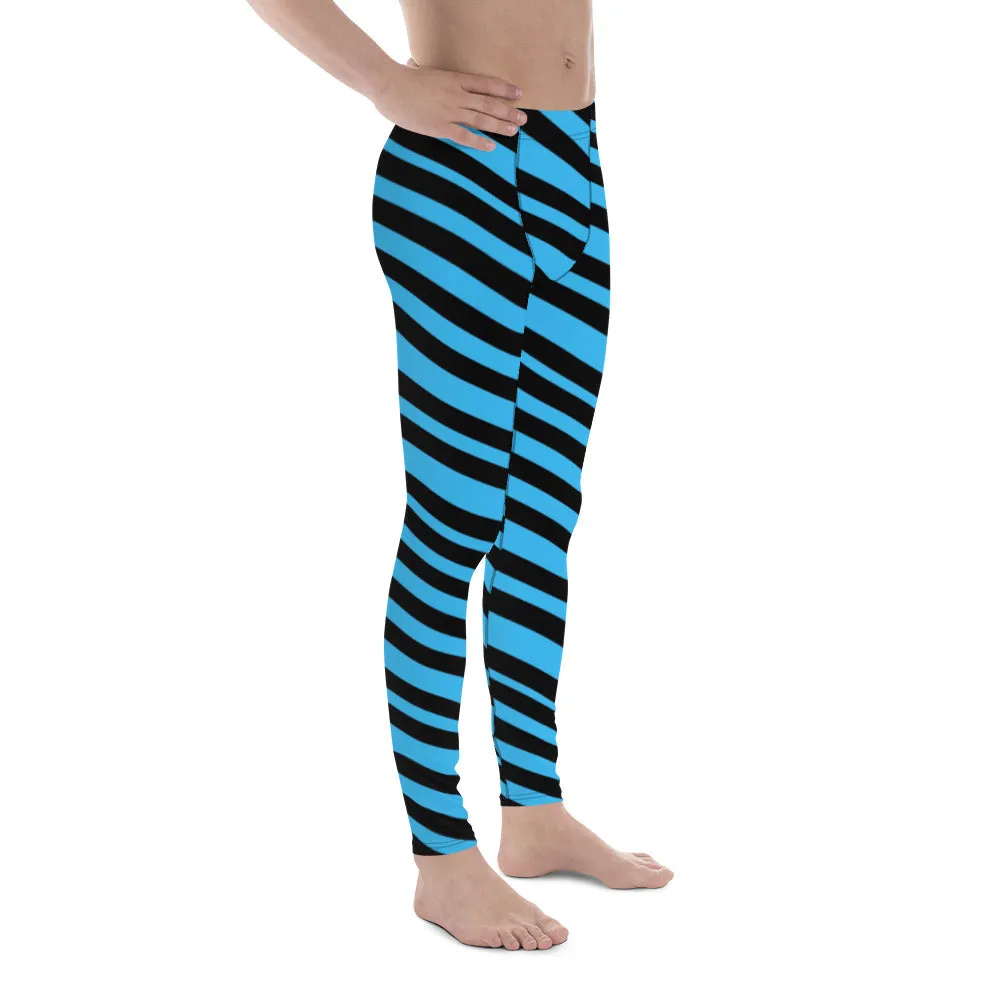 Blue Diagonal Striped Men's Leggings, Modern Diagonally Stripes Designer Premium Meggings-Made in USA/EU/MX