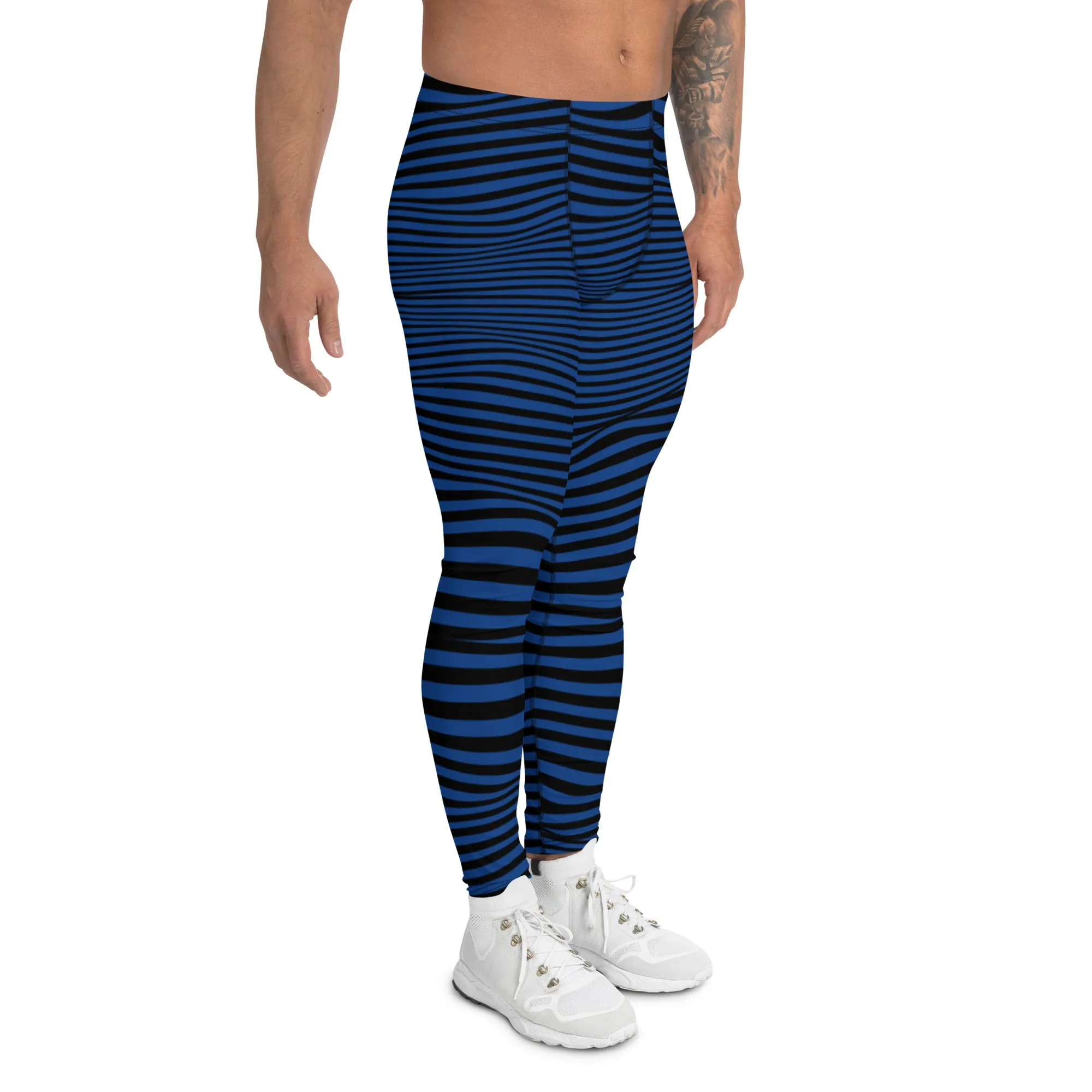 Blue Meshed Men's Leggings, Striped Premium Meggings Compression Running Tights-Made in USA/EU/MX