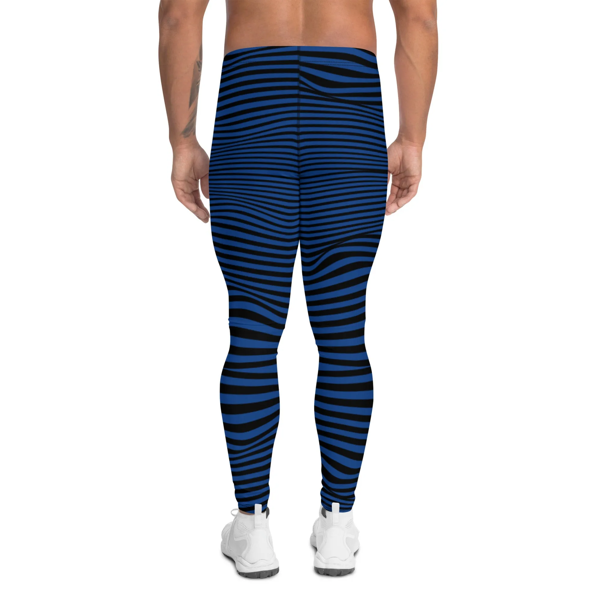 Blue Meshed Men's Leggings, Striped Premium Meggings Compression Running Tights-Made in USA/EU/MX