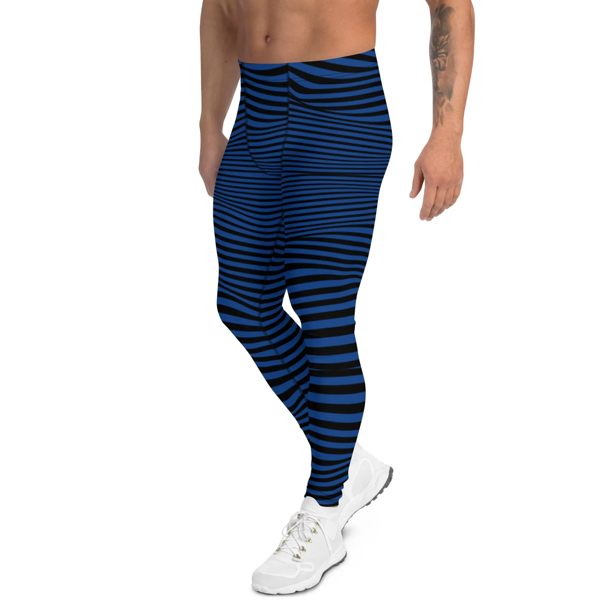 Blue Meshed Men's Leggings, Striped Premium Meggings Compression Running Tights-Made in USA/EU/MX