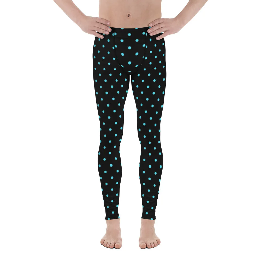 Blue Polka Dots Men's Leggings, Dotted Print Premium Quality Meggings Tights-Made in USA/EU/MX