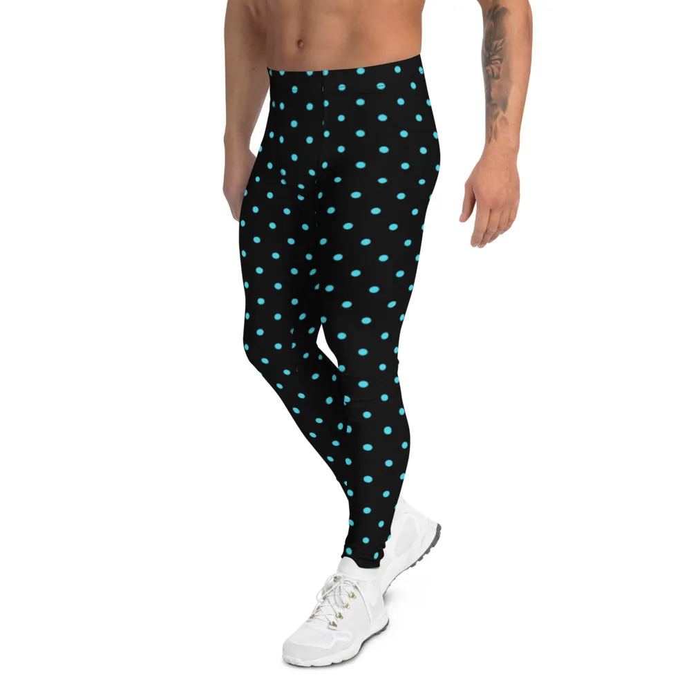 Blue Polka Dots Men's Leggings, Dotted Print Premium Quality Meggings Tights-Made in USA/EU/MX