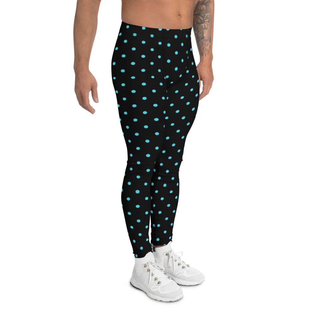 Blue Polka Dots Men's Leggings, Dotted Print Premium Quality Meggings Tights-Made in USA/EU/MX