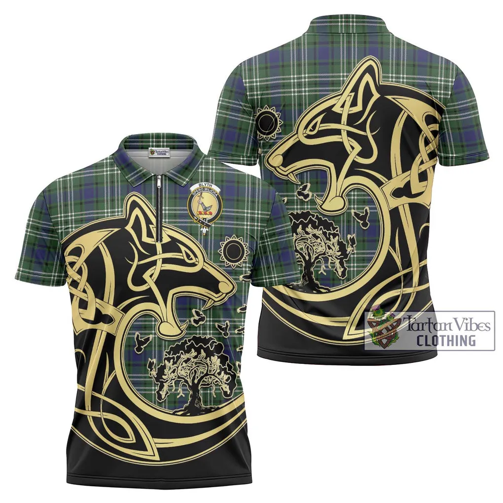 Blyth Tartan Zipper Polo Shirt with Family Crest Celtic Wolf Style