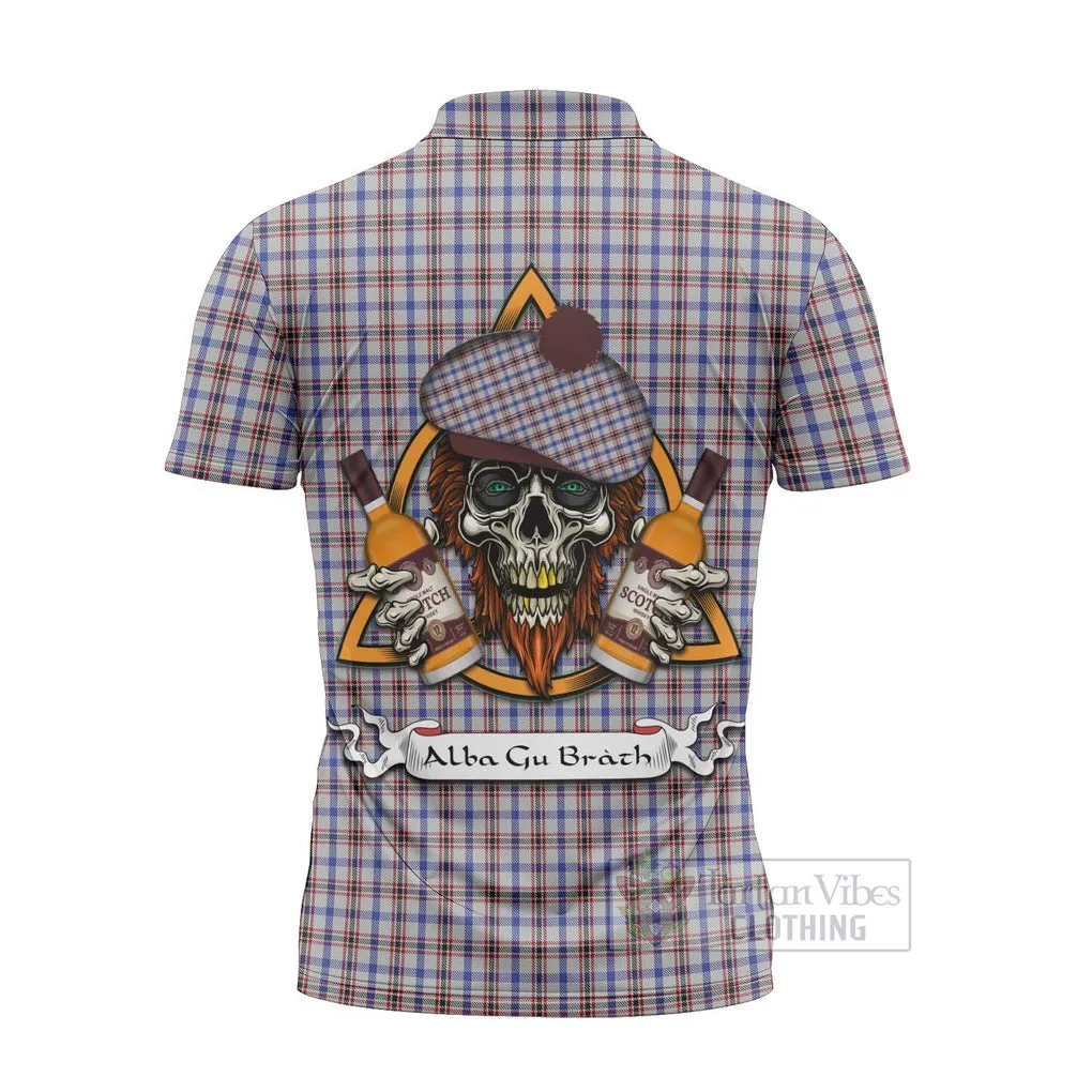 Boswell Tartan Zipper Polo Shirt with Family Crest and Bearded Skull Holding Bottles of Whiskey