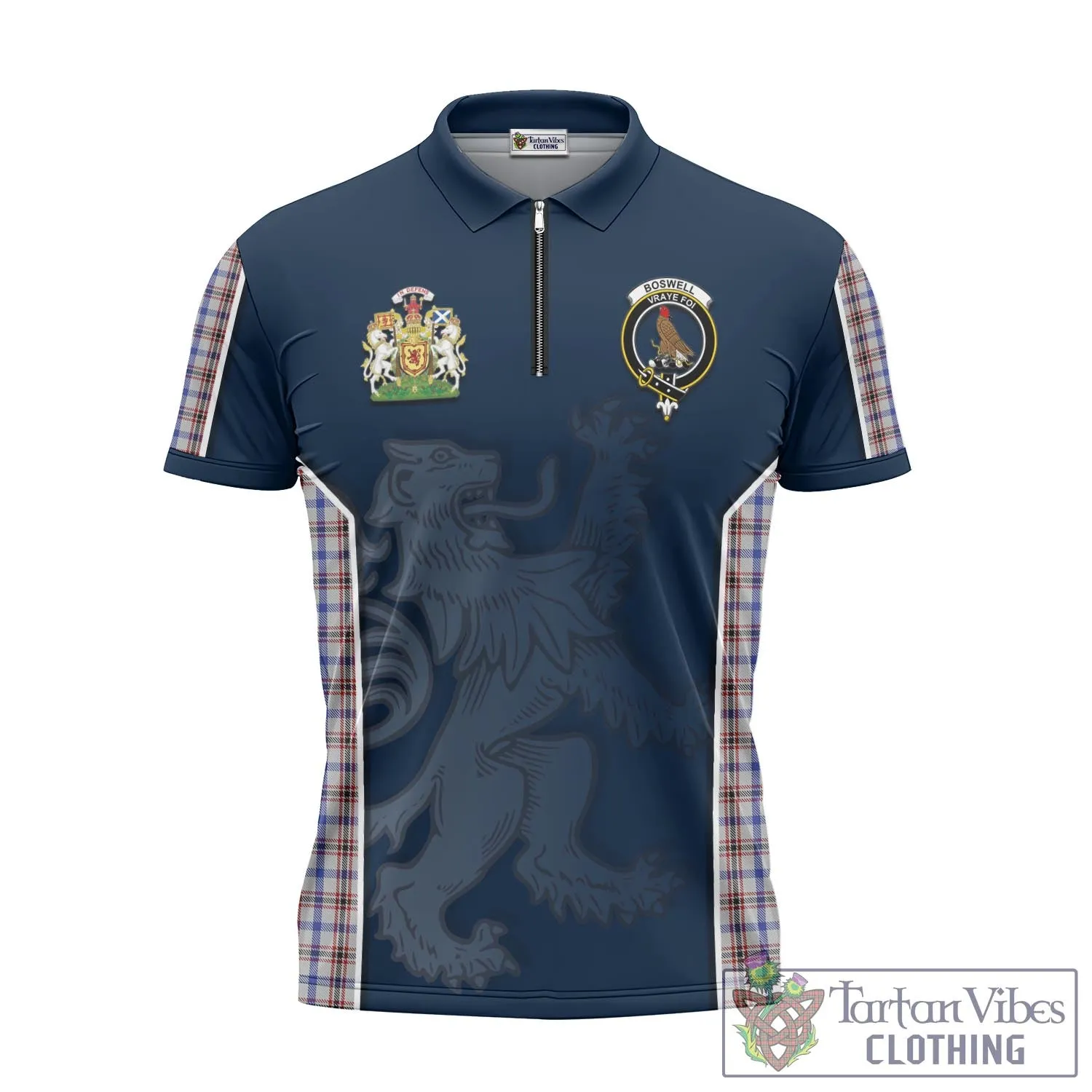 Boswell Tartan Zipper Polo Shirt with Family Crest and Lion Rampant Vibes Sport Style