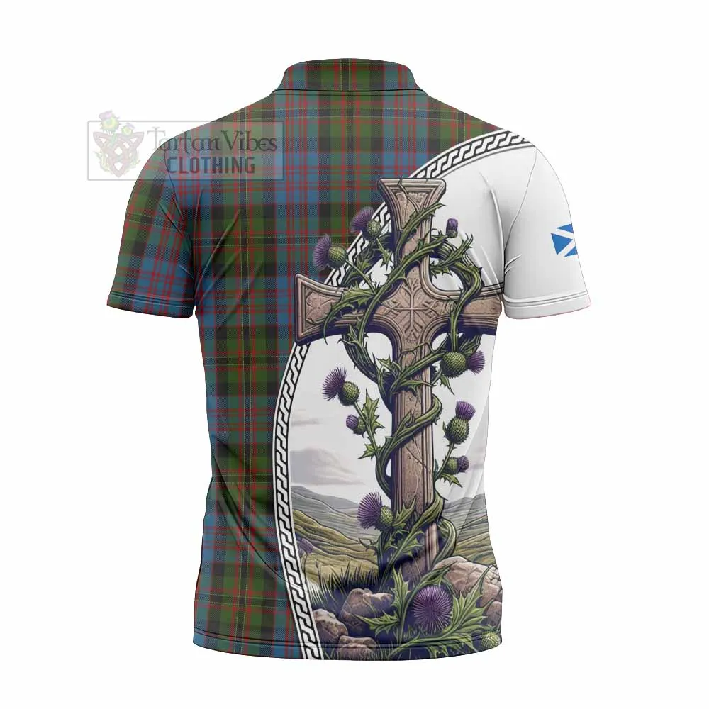 Bowie Tartan Zipper Polo Shirt with Family Crest and St. Andrew's Cross Accented by Thistle Vines