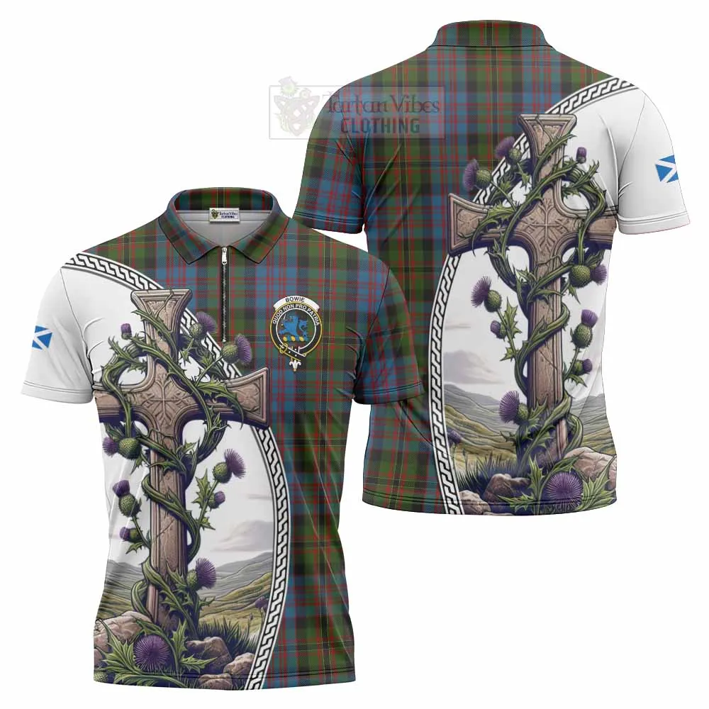 Bowie Tartan Zipper Polo Shirt with Family Crest and St. Andrew's Cross Accented by Thistle Vines