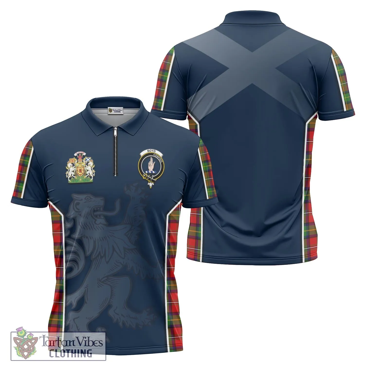 Boyd Tartan Zipper Polo Shirt with Family Crest and Lion Rampant Vibes Sport Style