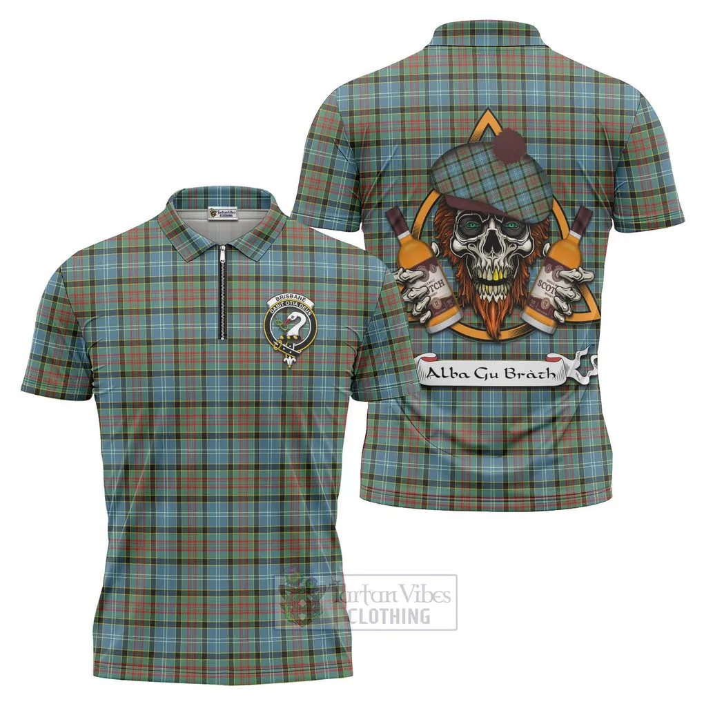 Brisbane Tartan Zipper Polo Shirt with Family Crest and Bearded Skull Holding Bottles of Whiskey