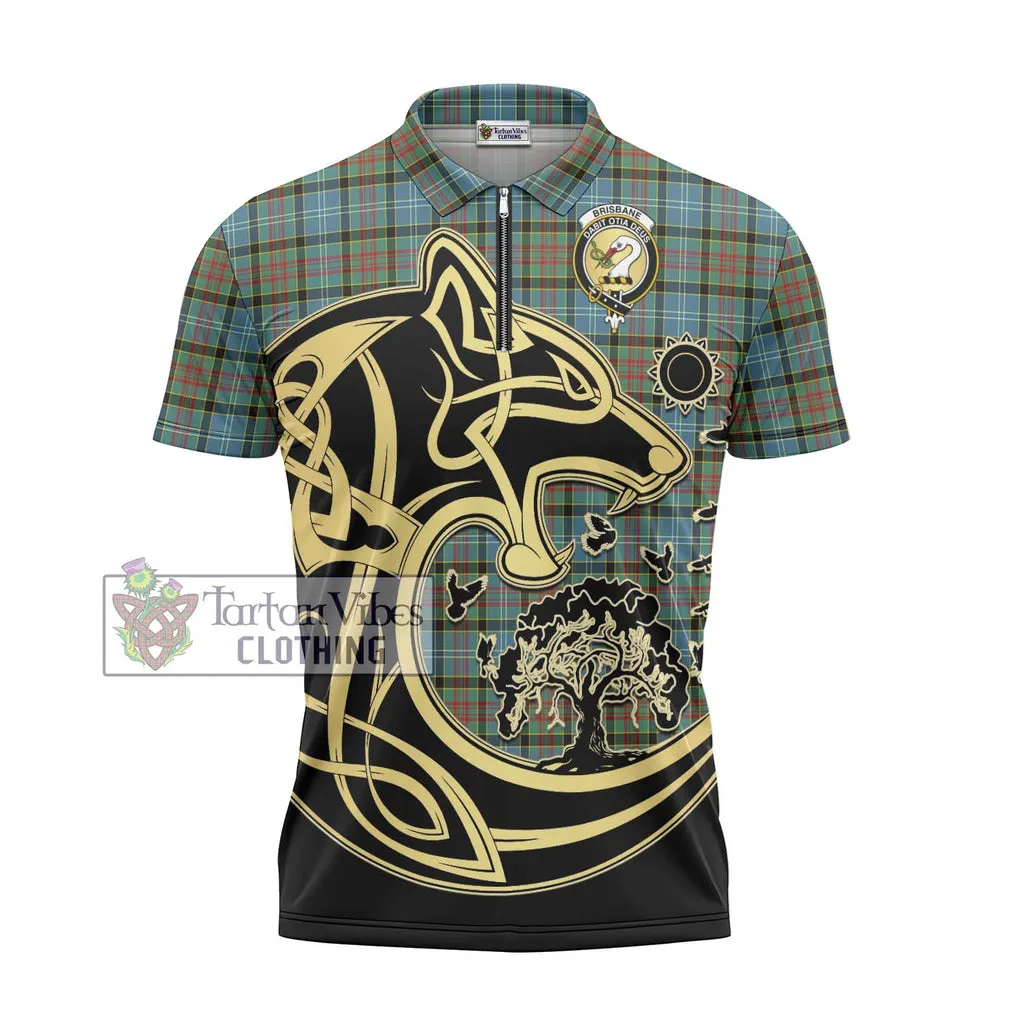 Brisbane Tartan Zipper Polo Shirt with Family Crest Celtic Wolf Style