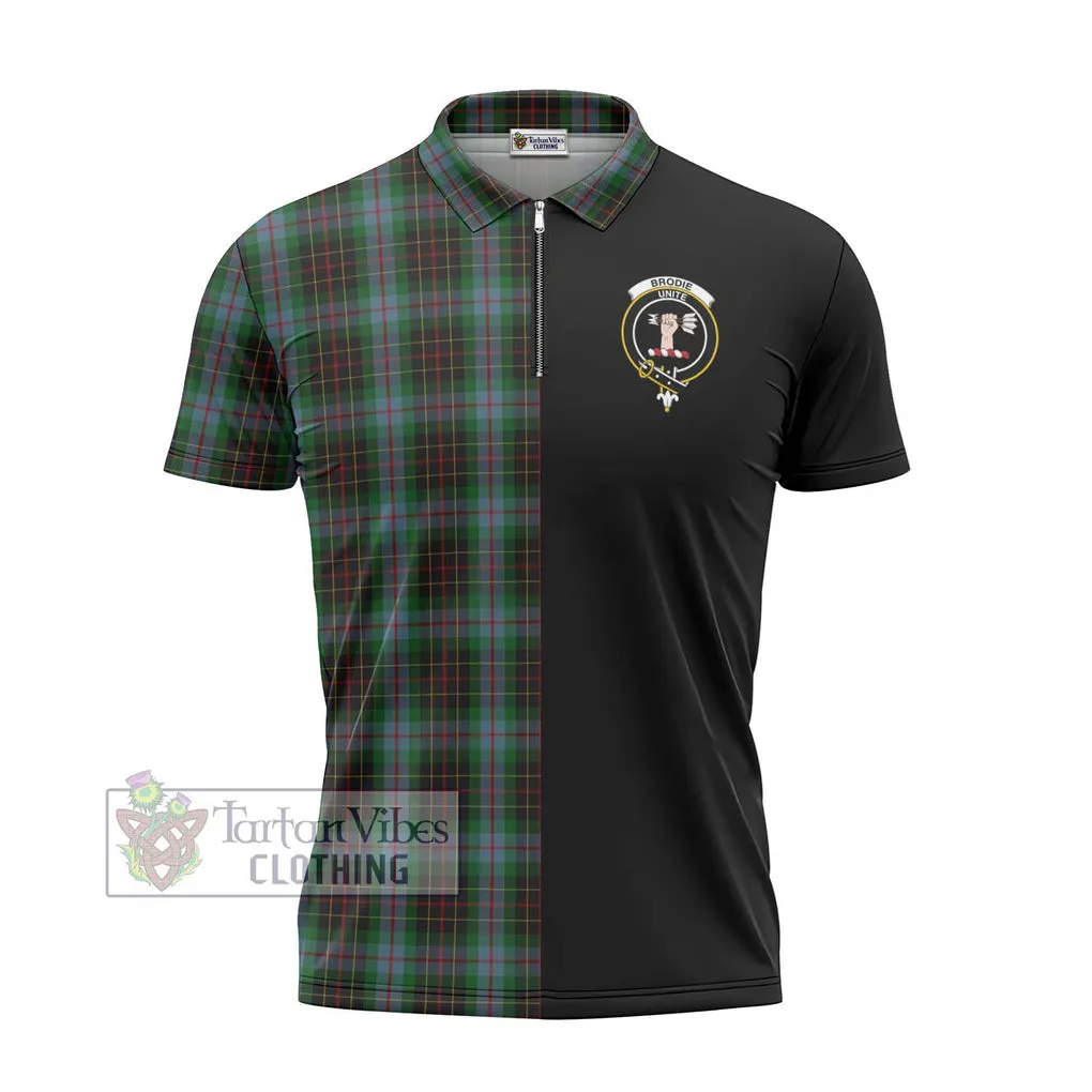 Brodie Hunting Tartan Zipper Polo Shirt with Family Crest and Half Of Me Style