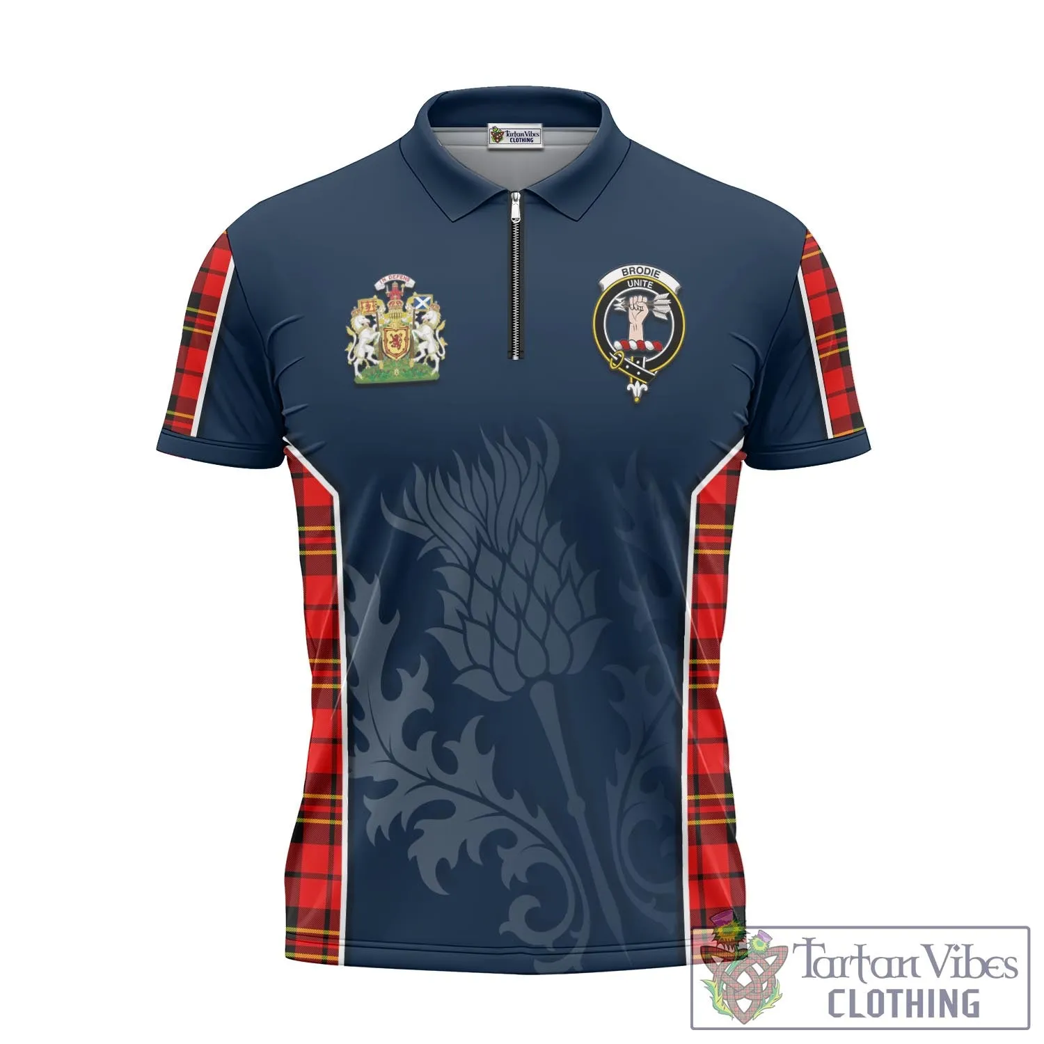 Brodie Modern Tartan Zipper Polo Shirt with Family Crest and Scottish Thistle Vibes Sport Style