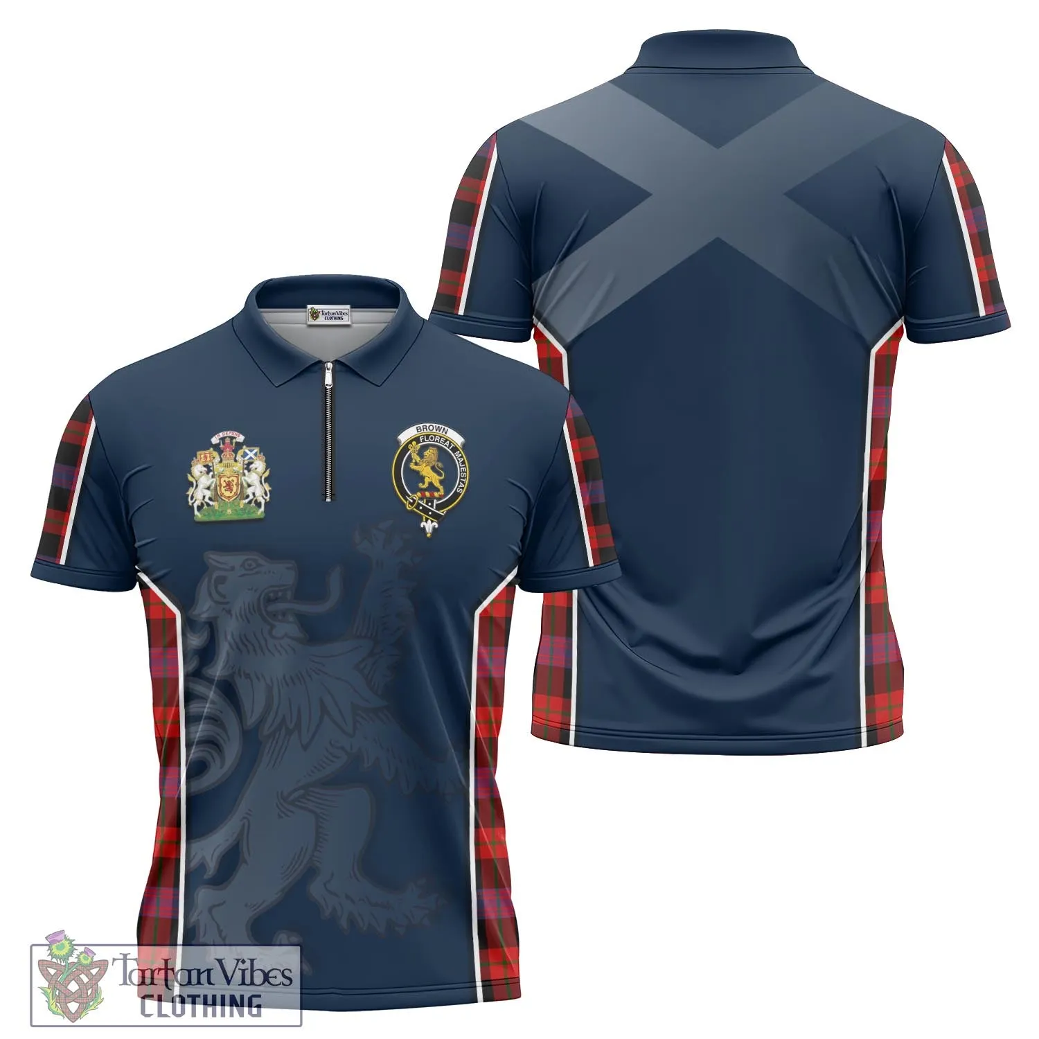 Brown (Broun) Tartan Zipper Polo Shirt with Family Crest and Lion Rampant Vibes Sport Style