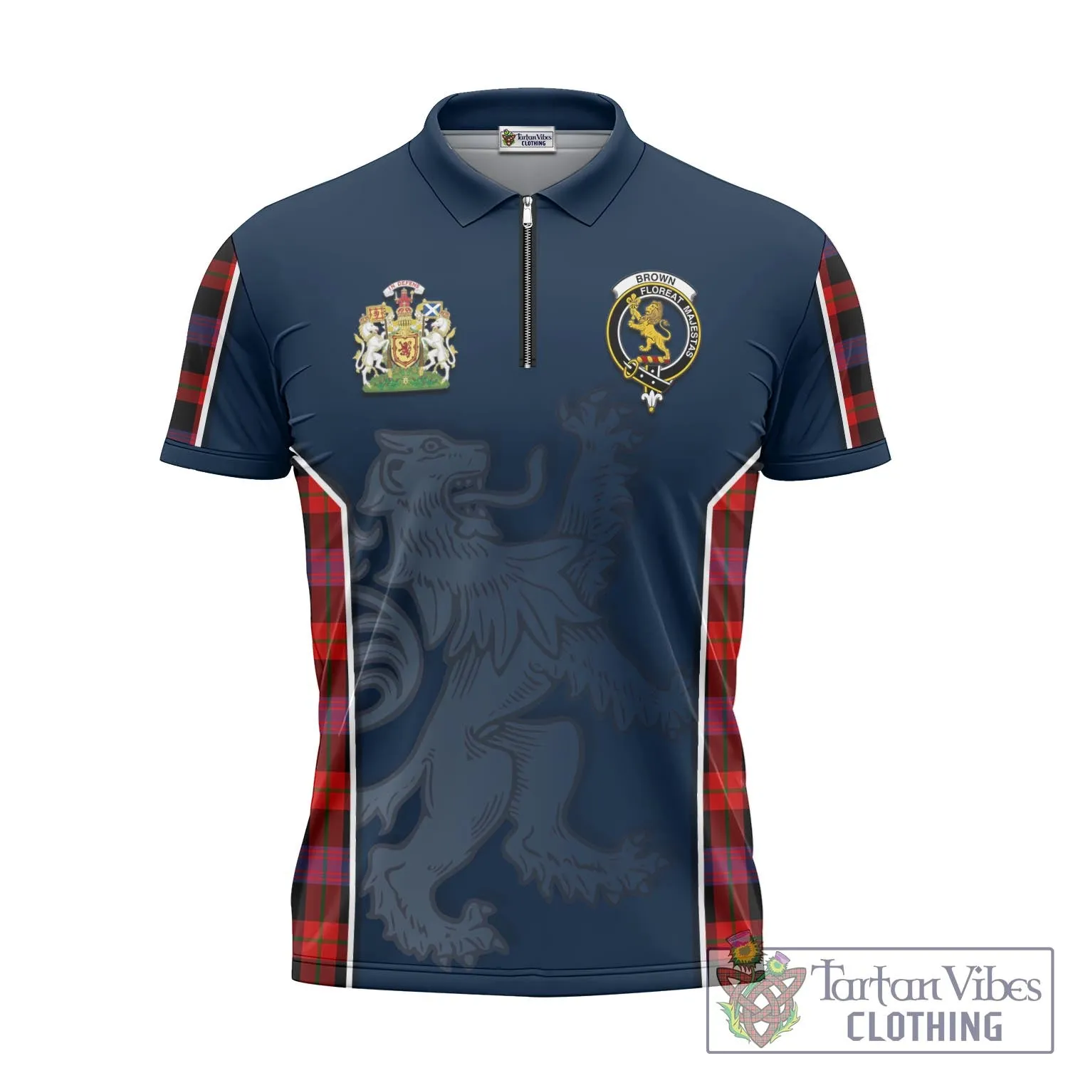 Brown (Broun) Tartan Zipper Polo Shirt with Family Crest and Lion Rampant Vibes Sport Style