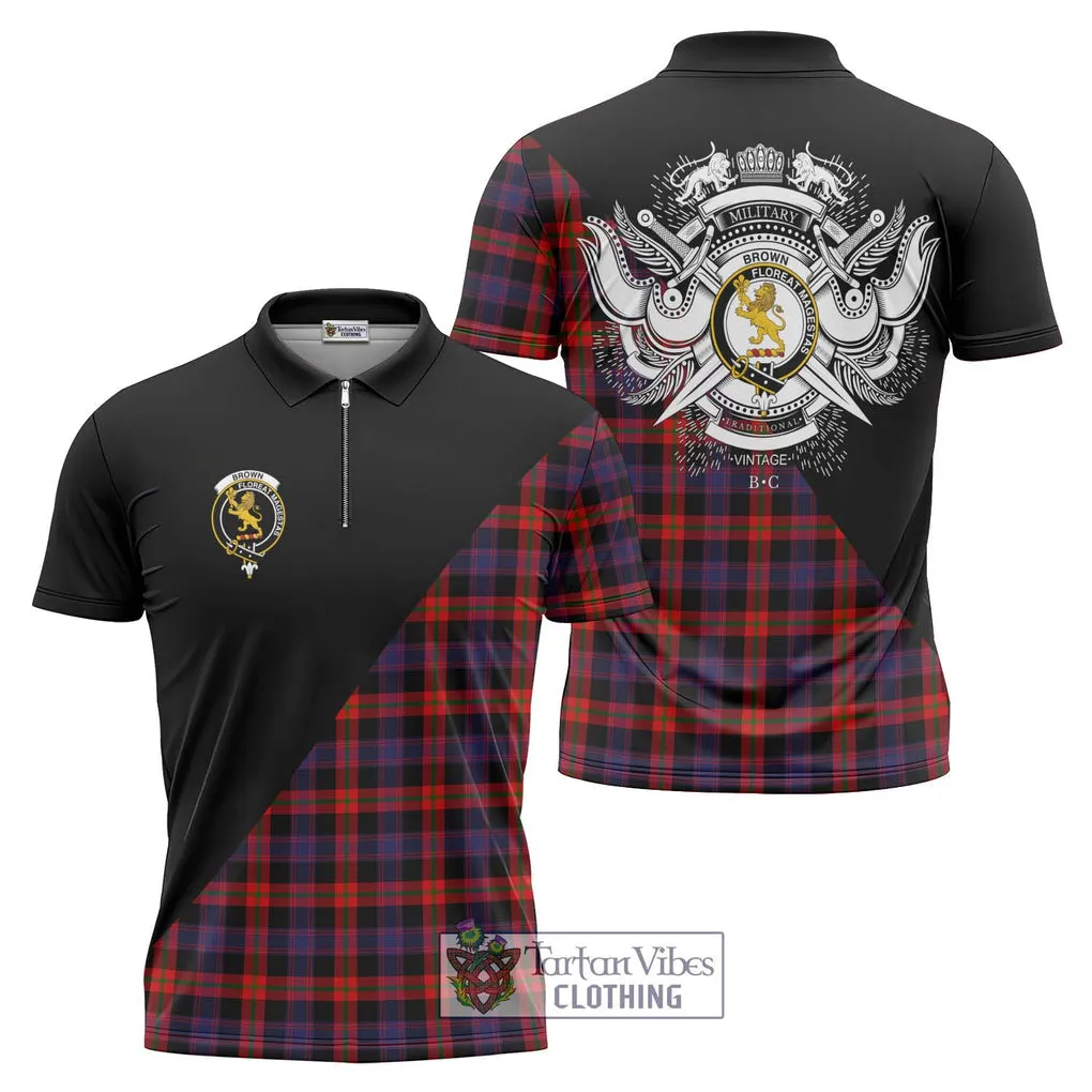 Brown (Broun) Tartan Zipper Polo Shirt with Family Crest and Military Logo Style