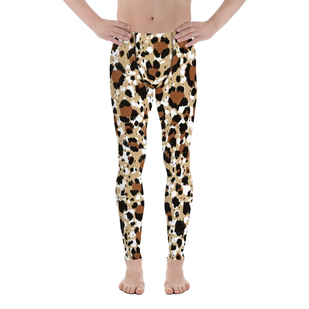 Brown Leopard Print Men's Leggings, Leopard Animal Print Best Premium Running Tights For Men - Made in USA/EU/MX