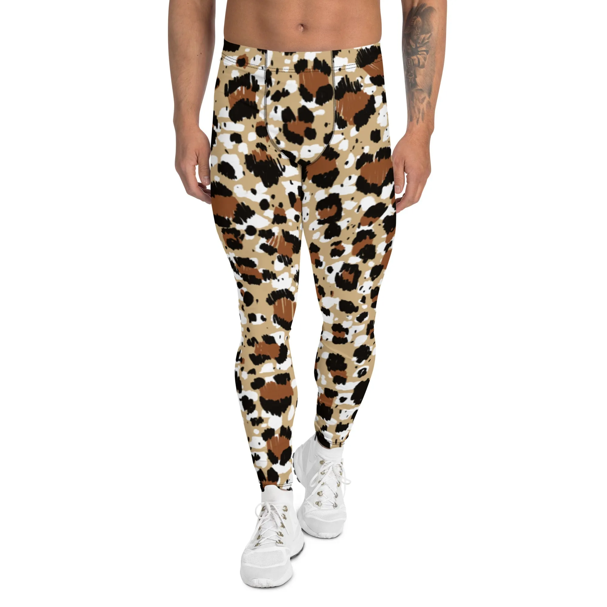 Brown Leopard Print Men's Leggings, Leopard Animal Print Best Premium Running Tights For Men - Made in USA/EU/MX