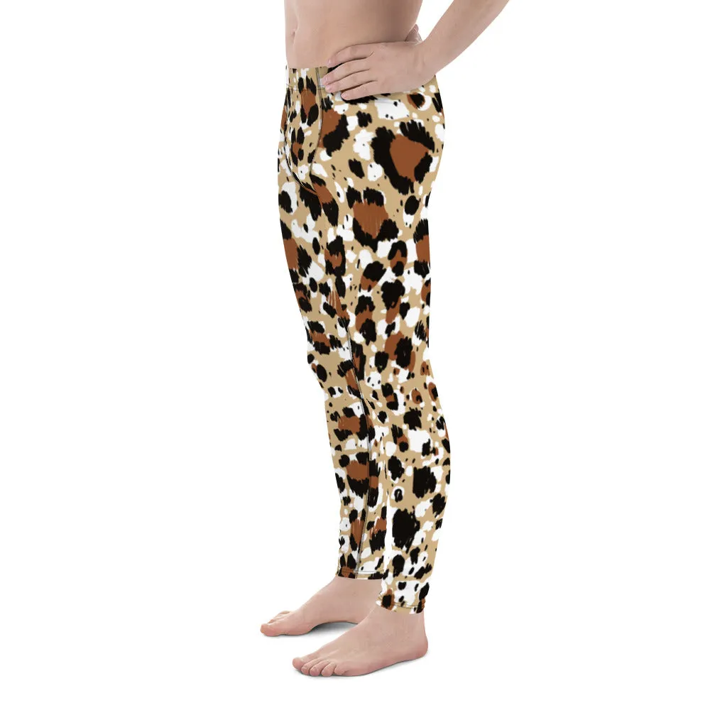 Brown Leopard Print Men's Leggings, Leopard Animal Print Best Premium Running Tights For Men - Made in USA/EU/MX