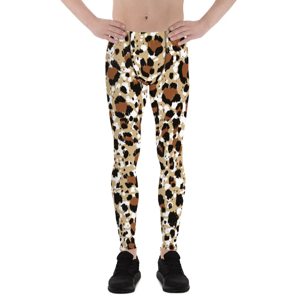 Brown Leopard Print Men's Leggings, Leopard Animal Print Best Premium Running Tights For Men - Made in USA/EU/MX