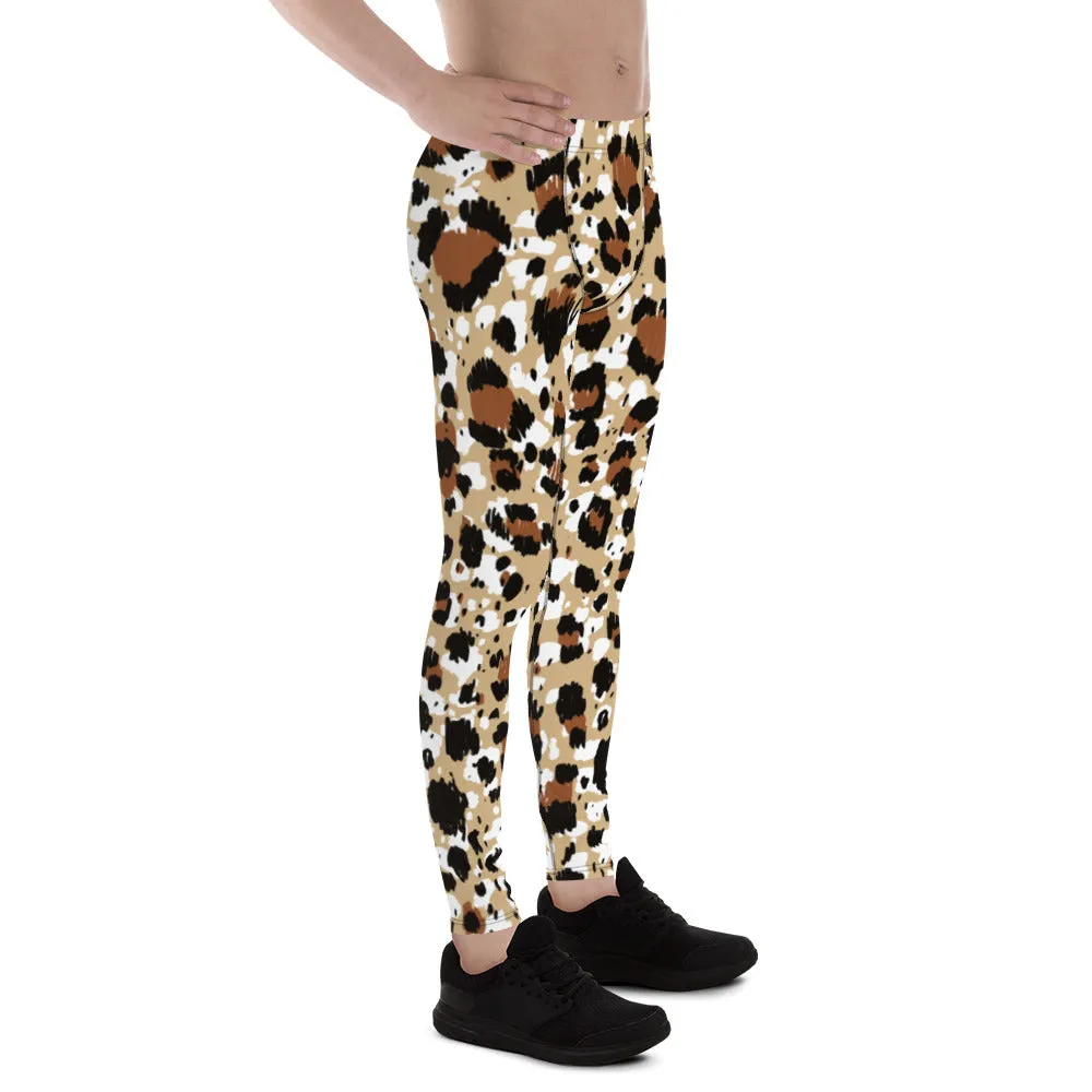 Brown Leopard Print Men's Leggings, Leopard Animal Print Best Premium Running Tights For Men - Made in USA/EU/MX