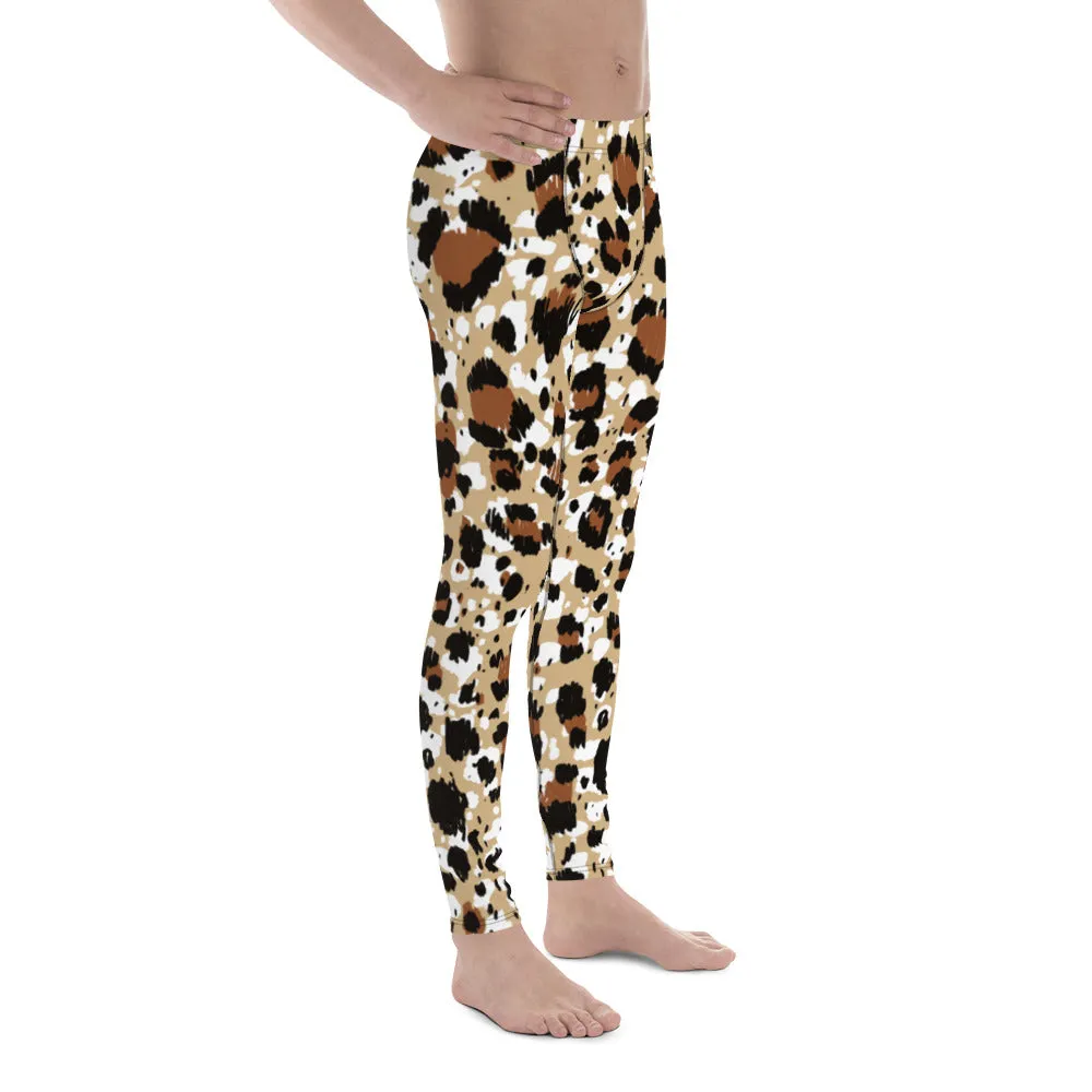 Brown Leopard Print Men's Leggings, Leopard Animal Print Best Premium Running Tights For Men - Made in USA/EU/MX