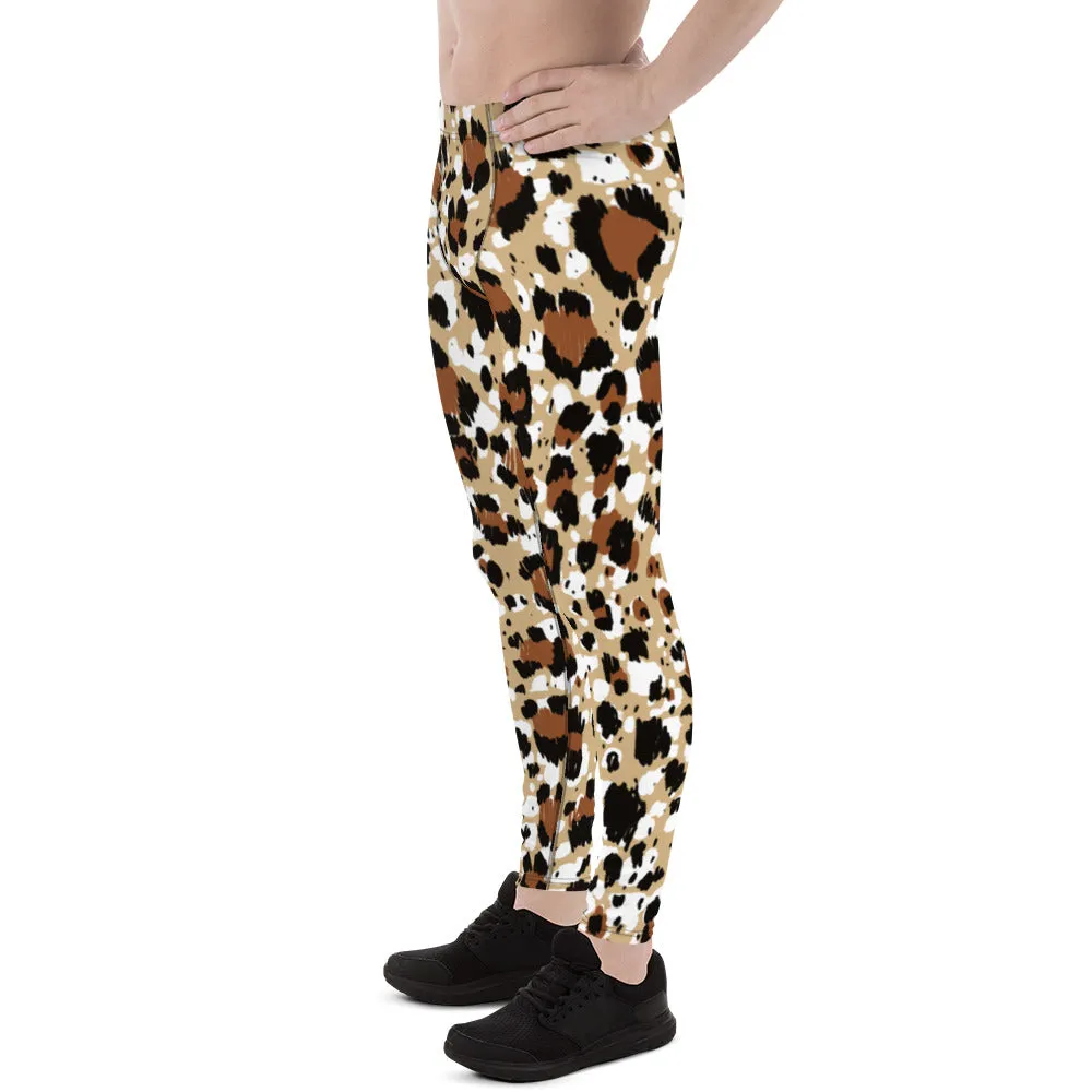 Brown Leopard Print Men's Leggings, Leopard Animal Print Best Premium Running Tights For Men - Made in USA/EU/MX