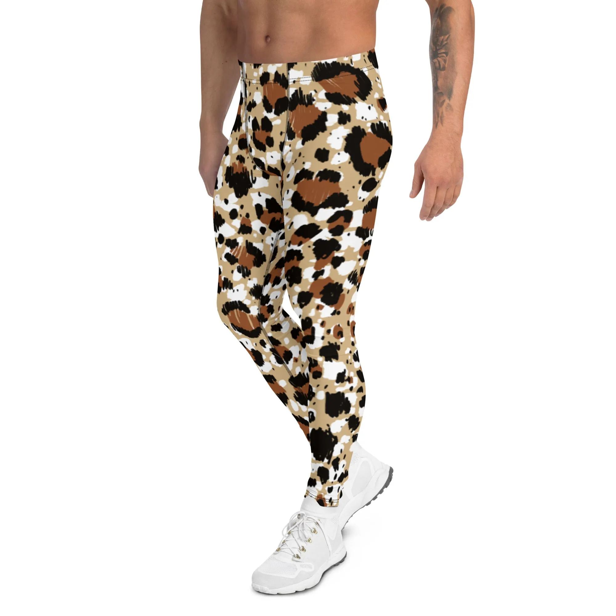 Brown Leopard Print Men's Leggings, Leopard Animal Print Best Premium Running Tights For Men - Made in USA/EU/MX