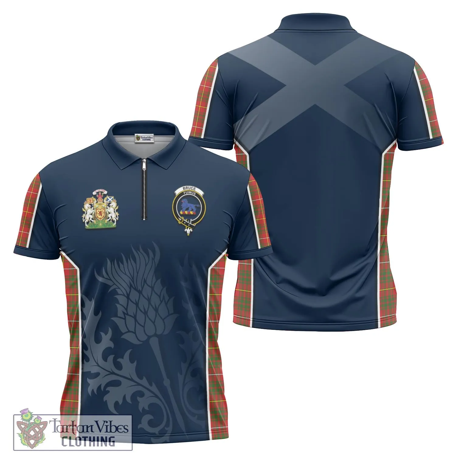 Bruce Modern Tartan Zipper Polo Shirt with Family Crest and Scottish Thistle Vibes Sport Style