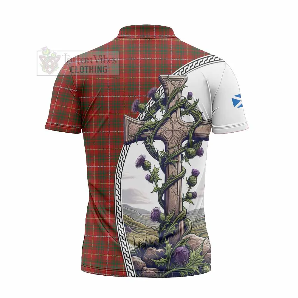 Bruce Tartan Zipper Polo Shirt with Family Crest and St. Andrew's Cross Accented by Thistle Vines