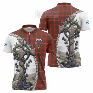 Bruce Tartan Zipper Polo Shirt with Family Crest and St. Andrew's Cross Accented by Thistle Vines