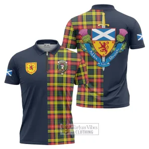 Buchanan Modern Tartan Zipper Polo Shirt Alba with Scottish Lion Royal Arm Half Style