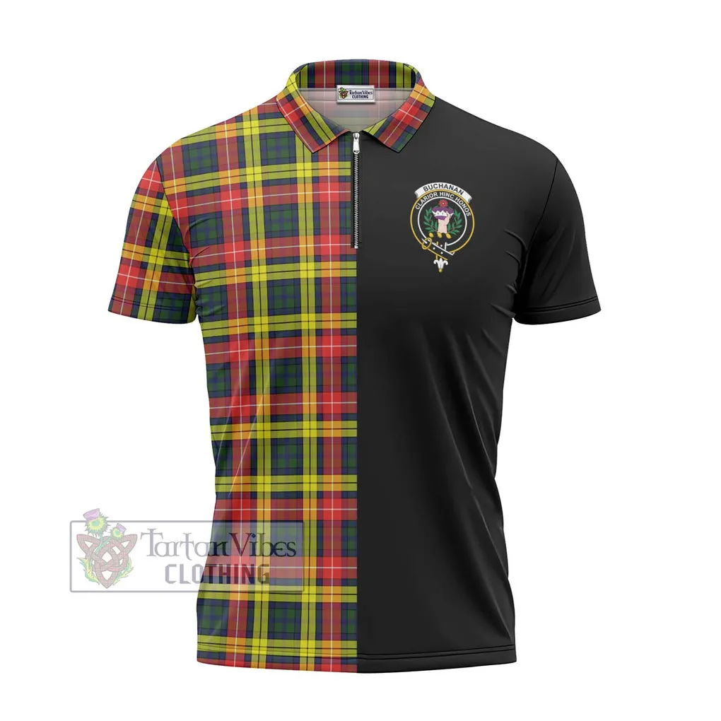 Buchanan Modern Tartan Zipper Polo Shirt with Family Crest and Half Of Me Style