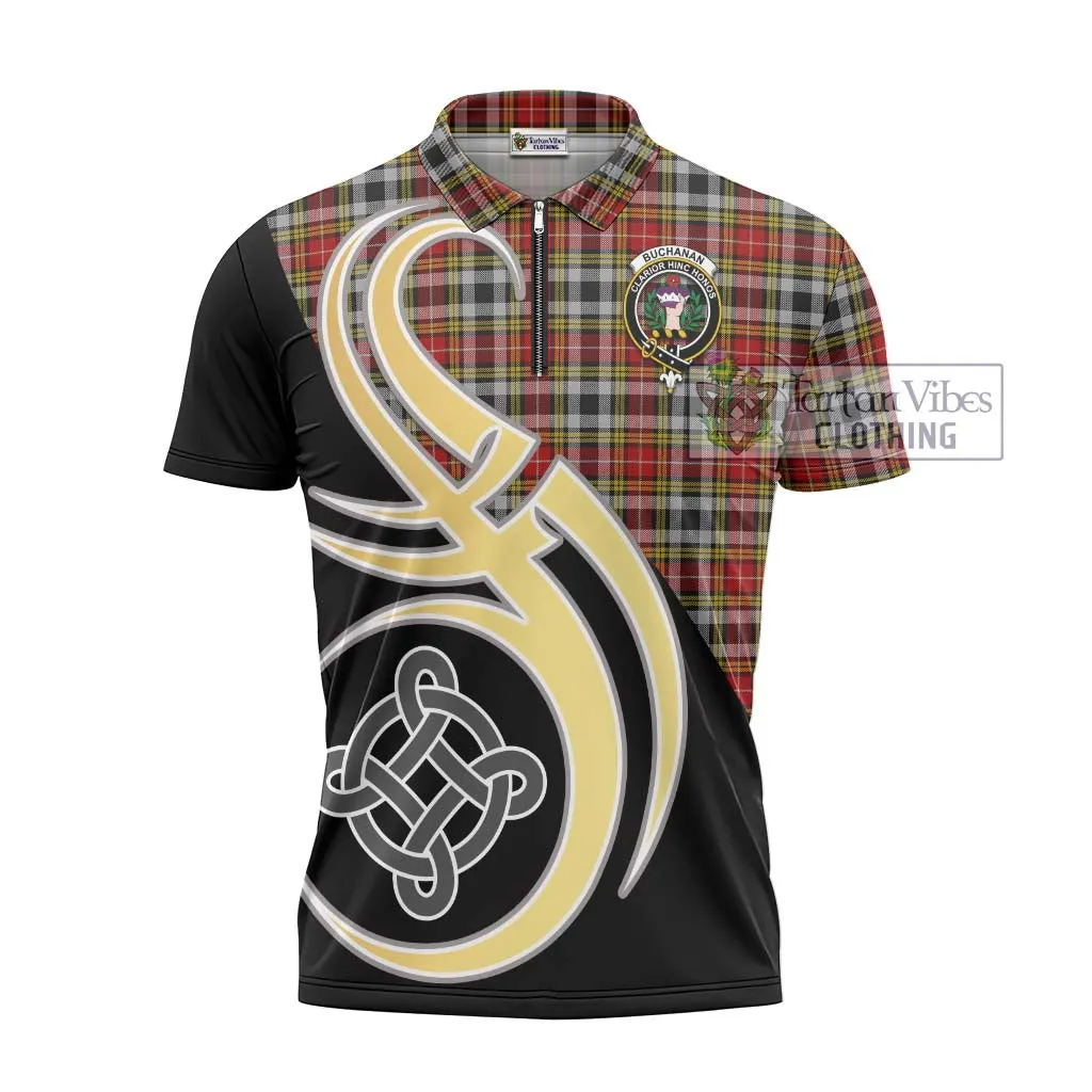 Buchanan Old Dress Tartan Zipper Polo Shirt with Family Crest and Celtic Symbol Style