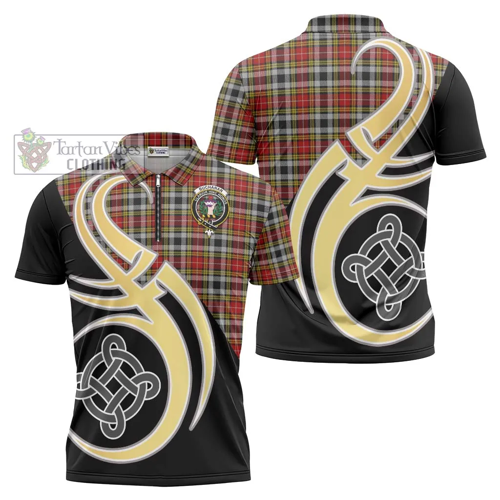 Buchanan Old Dress Tartan Zipper Polo Shirt with Family Crest and Celtic Symbol Style