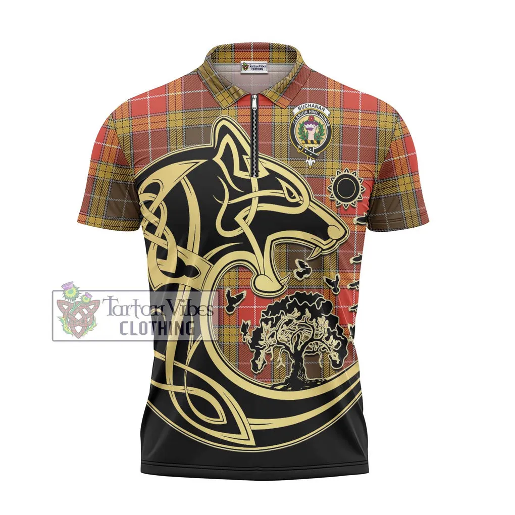 Buchanan Old Set Weathered Tartan Zipper Polo Shirt with Family Crest Celtic Wolf Style