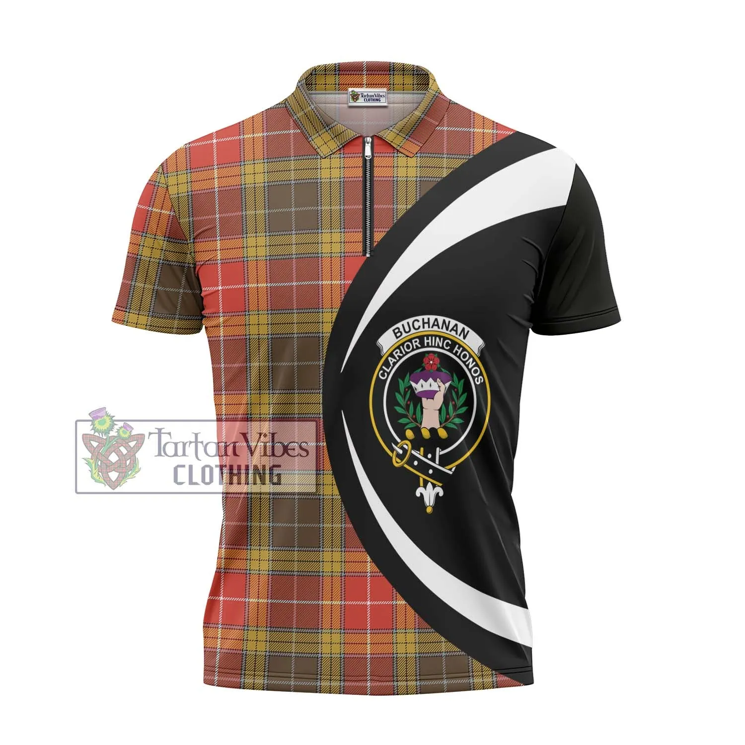 Buchanan Old Set Weathered Tartan Zipper Polo Shirt with Family Crest Circle Style